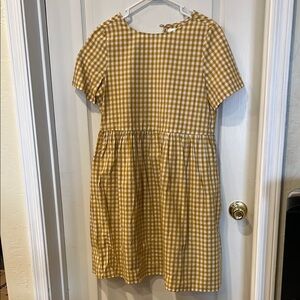 Tradlands Yellow and White A-Line Midi Dress with Puff Sleeves